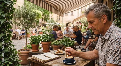 Mature man relaxing at an outdoor cafe with coffee and biscotti in a European city