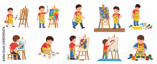 Set of cartoon boy artist characters painting on canvas with paintbrush and easel, creative childhood art activity collection