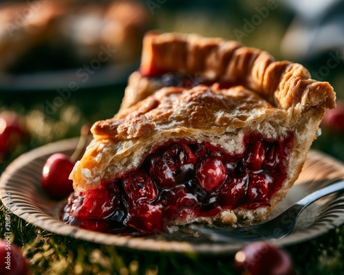 Delicious Homemade Cherry Pie Slice on Green Grass