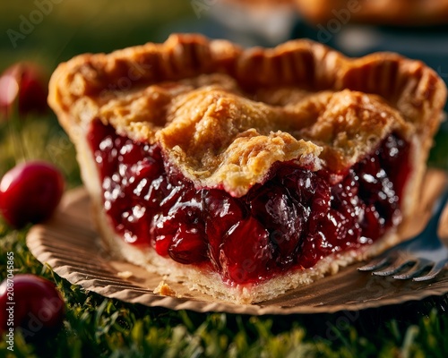 Delicious Slice of Homemade Cherry Pie on Grass