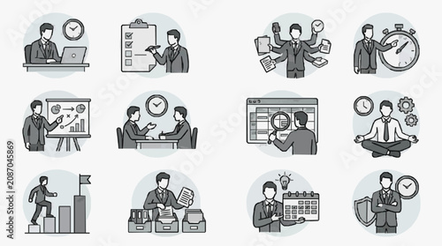 Industrial Style Showing Business Productivity and Time Management Concepts with Grayscale Characters