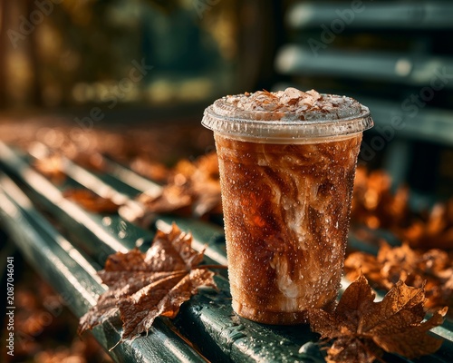 Iced Coffee on Autumn Park Bench