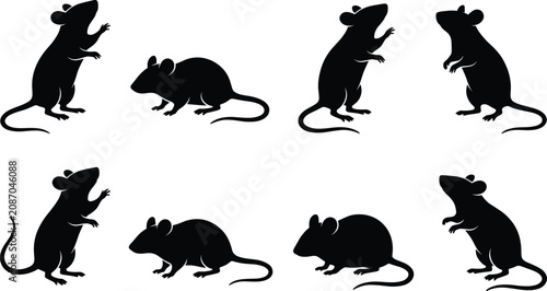 Fotografía Mouse silhouettes set, rat vector illustration, rodent black icons, isolated on