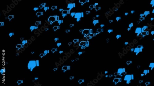 Floating thumbs down icons on a black background with seamless loop animation for feedback and rating concepts.