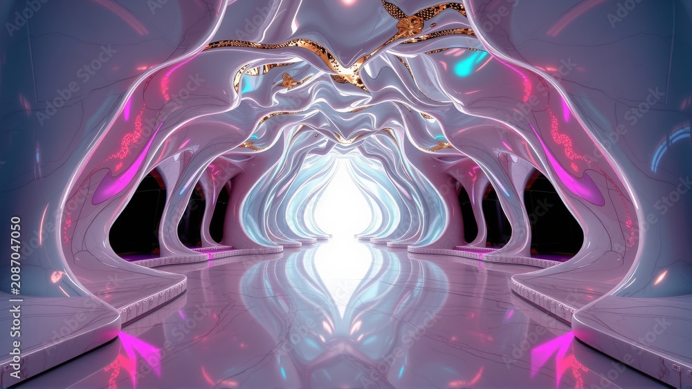 Fototapeta premium Futuristic corridor. Smooth curves, bright light source, pink accents. Dark background creates dramatic effect. Interior design emphasizes symmetry.