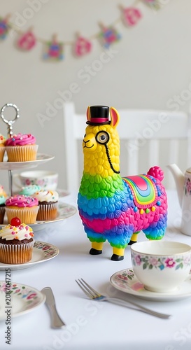 Whimsical Rainbow Llama Pi?ata with Top Hat and Monocle at a Tea Party.