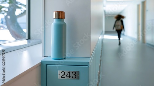 Light Blue Water Bottle on Locker in School Hallway with Student Walking.