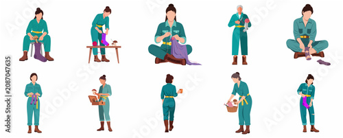 Cuadro en lienzo Flat vector character set of a woman in a green jumpsuit knitting, darning socks, and sewing
