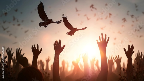 Silhouettes of people raising hands towards the sky with eagles flying above during sunset.