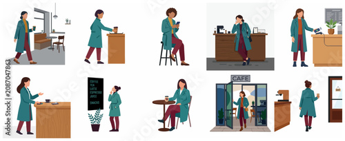 Bild auf Leinwand Modern woman in cafe flat vector illustration set, featuring activities like ordering coffee, paying with phone, sitting at a table, and walking in a stylish teal coat