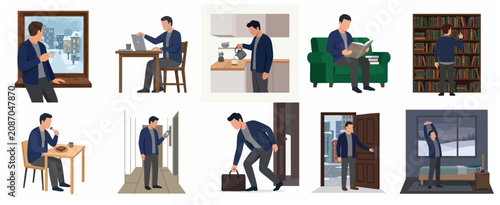 Flat Vector Illustration Set of a Man's Daily Routine Featuring Activities like Working from Home, Reading, Eating, and Morning Exercises