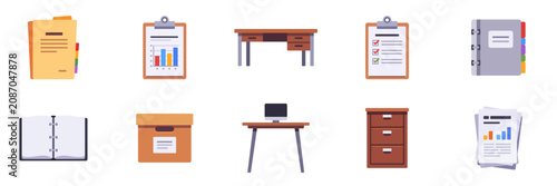 Set of office organization and document management icons with desks, cabinets, binders, clipboards, archive box, report folder, and paperwork, colorful collection with illustrations