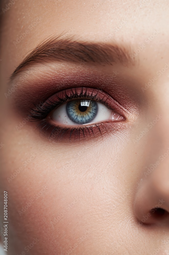 Naklejka premium Closeup beauty eye with burgundy smokey makeup and shimmering champagne lid detail