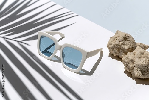 Stylish white sunglasses with blue lenses casting shadows on a white surface with palm leaves and rocks.