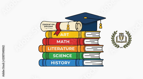 An illustrated stack of colorful books with titles like Art, Math, Literature, Science, and History, topped with a graduation cap and diploma, representing education and learning