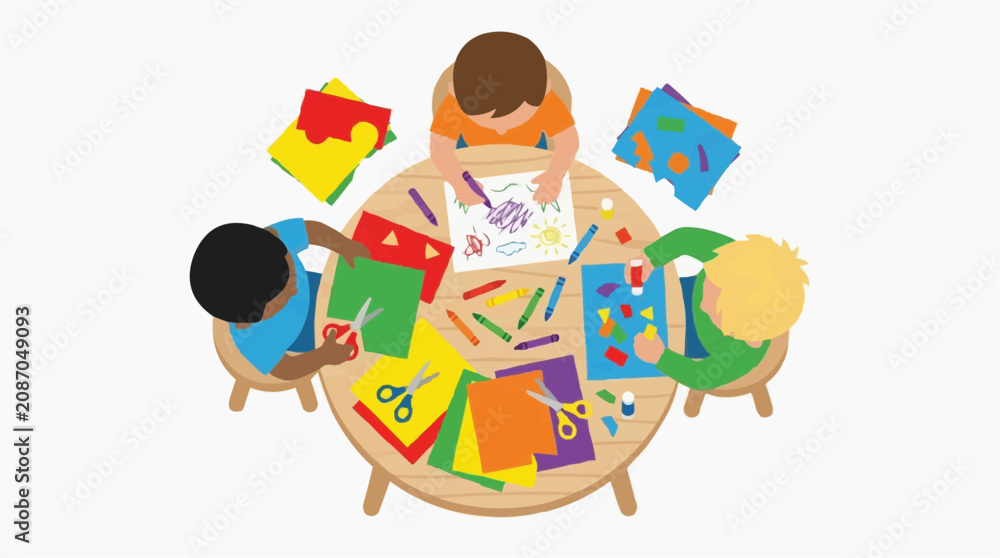 Fototapeta premium Illustrated children engaged in a fun art and craft activity around a round table, surrounded by colorful materials