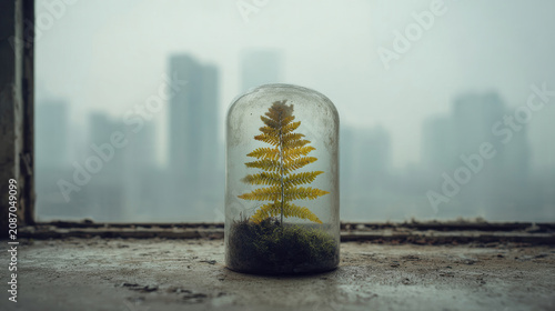 Protected Nature: Fern in Glass Dome Against Urban Skyline