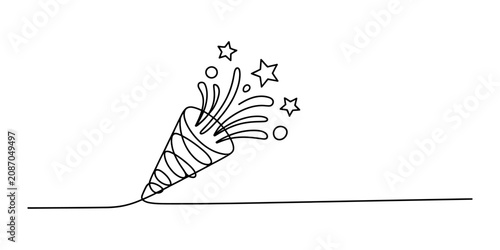 Tableau sur toile Continuous single line drawing of a party popper bursting with stars and confett