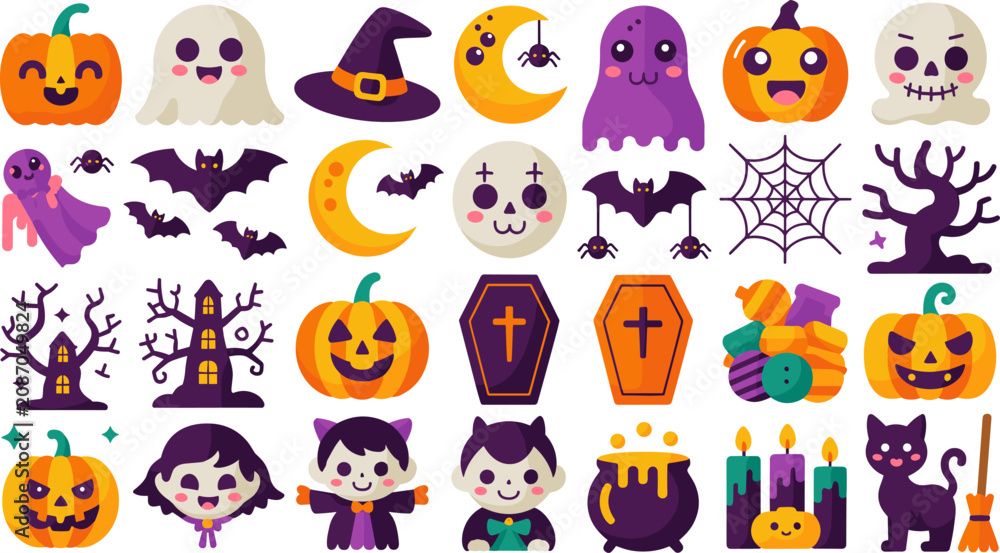 Fototapeta premium Kawaii halloween illustration set cute ghosts pumpkins bats witch hats and spooky elements for festive designs