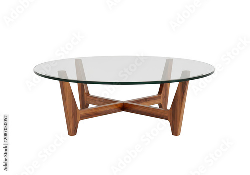 Modern round glass coffee table with wooden base.
