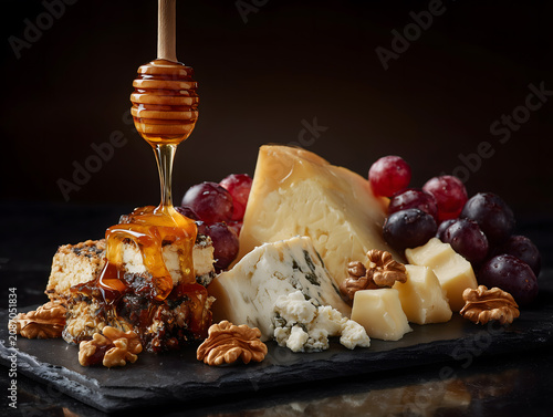 Assorted cheeses and grapes are drizzled with honey from a wooden dipper