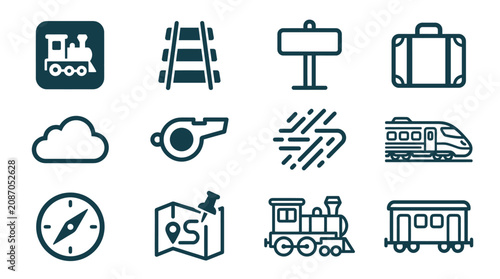 Tableau sur toile Minimalist vector icon set for train travel and railway transportation featuring steam locomotive, high-speed train, railroad tracks, station sign, luggage, map, and navigation compass