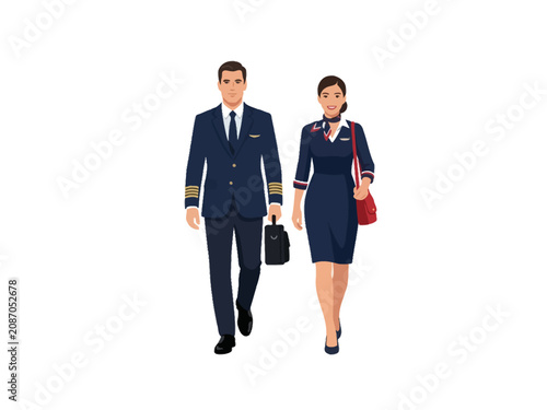 Airline Pilot and Flight Attendant Walking on White Background