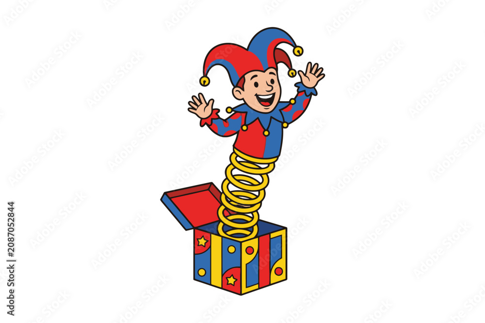 Naklejka premium Jack-in-the-Box Jester Toy Popping Out of Box Illustration