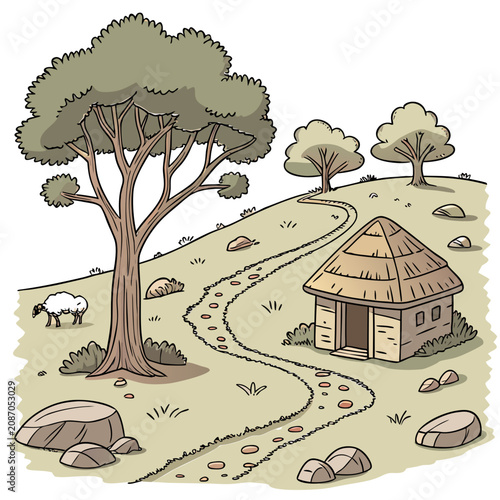 Bild auf Leinwand A winding path leading to a small thatched hut in a grassy landscape with a tree