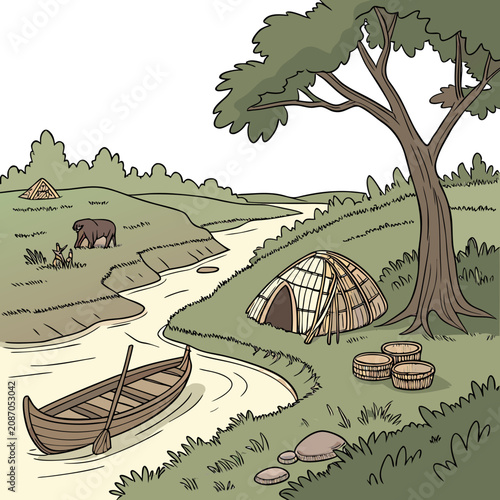 Konstfotografi Hand drawn landscape of a river flowing through a green meadow with a thatched h