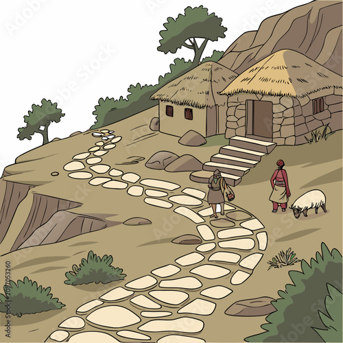 Foto Hand-drawn of a stone path leading to thatched roof huts on a hillside with a pe