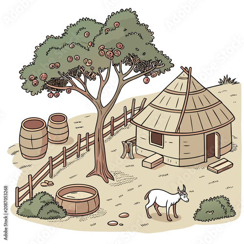 Εκτύπωση καμβά Of a rural farmstead with a thatched hut, a fruit tree, a wooden fence, barrels,