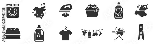Foto laundry icons set with washing machine, detergent bottle, iron, clothes, laundry
