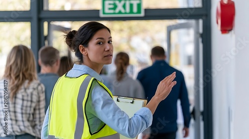 Woman in safety vest directing people towards exit during emergency evacuation.