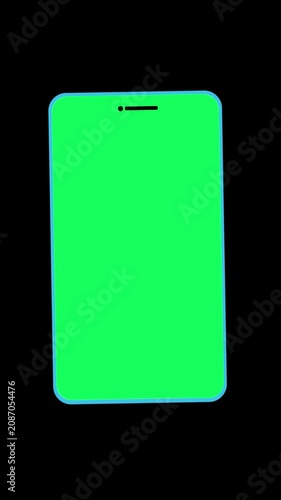 Cell phone mockup with chroma key green screen area scaling up on a dark background for easy video replacement