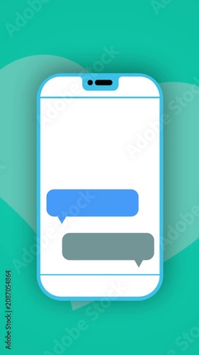 Vertical smartphone mockup with animated chat bubbles representing online text messaging communication or customer support