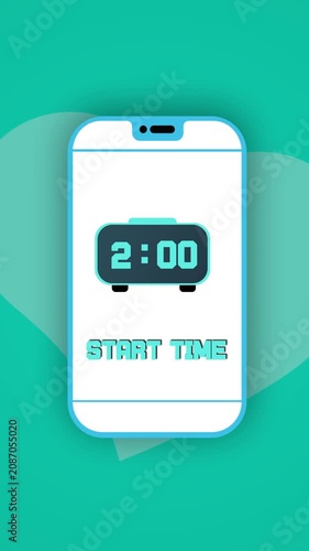 Vertical smartphone screen template displaying a digital numeric clock for morning alarm or event countdown animation