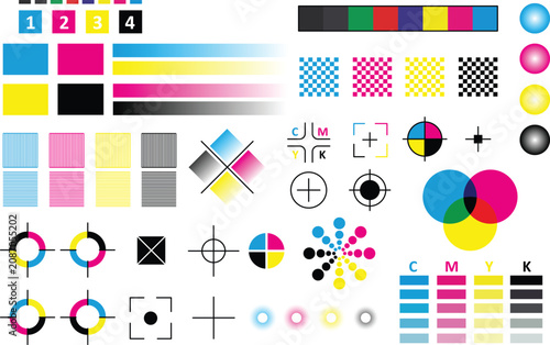 Professional CMYK Print Test Chart with Color Calibration Targets, Registration Marks, Halftone Patterns, and Prepress Quality Control Sheet