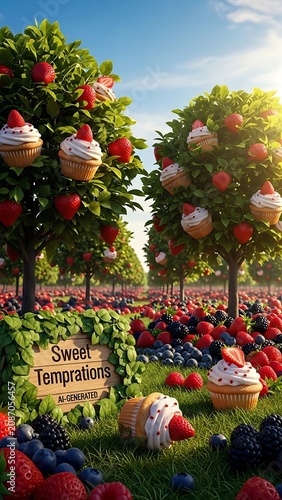 Whimsical Sweet Temptations Orchard with Cupcake Trees and Berry Abundance.