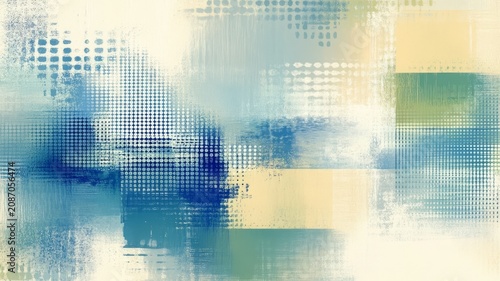 Abstract digital art composition featuring geometric halftone patterns and soft muted blue and yellow watercolor textured backgrounds.