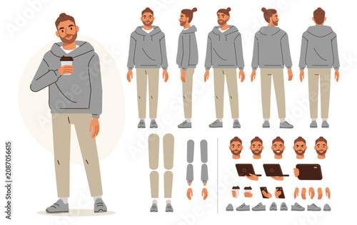 Canvastavla Digital nomad male character wearing hoodie with take away coffee cup