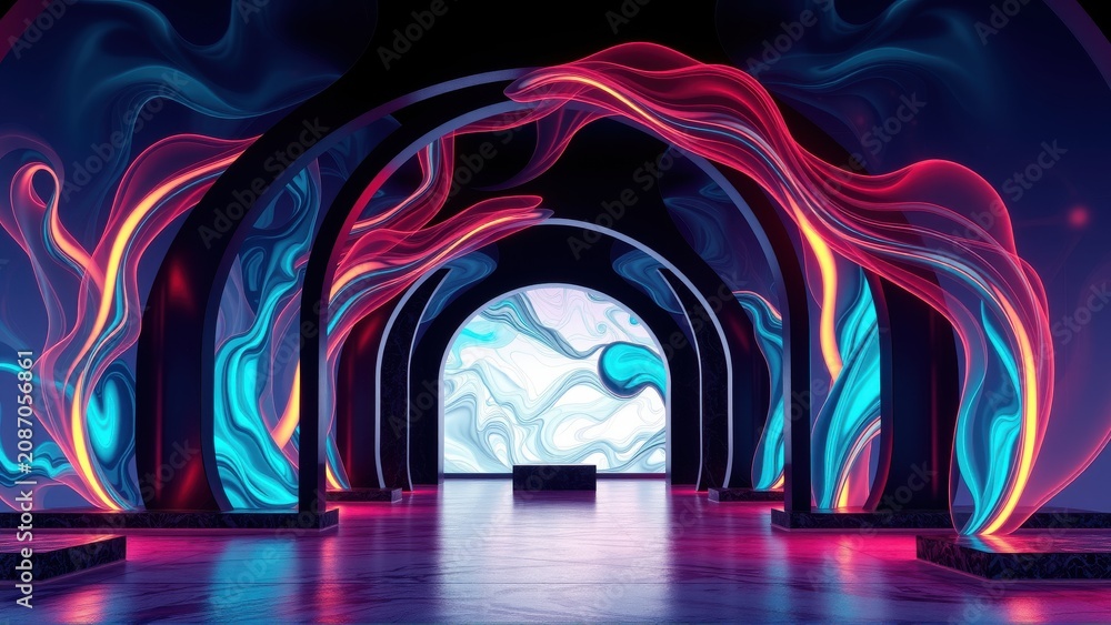 Fototapeta premium Abstract corridor features glowing arches, vibrant colors. Swirling light creates surreal, futuristic space. Dark background emphasizes luminosity.