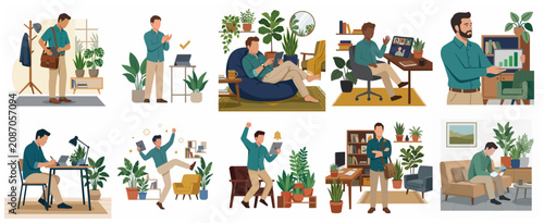 Flat vector set of a male freelancer working remotely in a plant-filled home office.