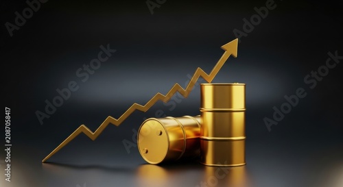 Golden oil barrels with rising arrow chart, crude oil price increase concept, petroleum market growth and energy commodity inflation on dark background