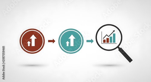 Business growth infographic with upward arrows and magnifying glass, financial data analysis icons, professional market research concept on white background
