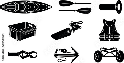 Foto Kayak Fishing Accessories and Marine Water Sports Equipment Silhouette Icon Set
