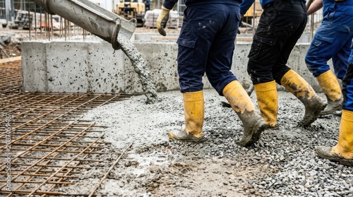 Construction workers pouring concrete onto a metal rebar grid