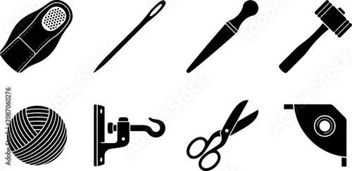 Bild auf Leinwand Traditional Sailmaking and Heavy Canvas Repair Tools Silhouette Icon Set for Mar