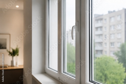 pvc. A closed PVC window in a minimalist apartment interior with soft natural light and a blurred background. real-estate listings.