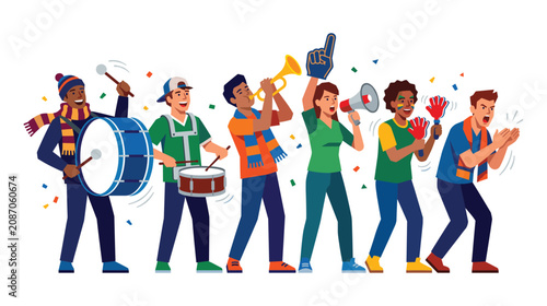 Diverse sports fans cheering with drums and instruments at celebration